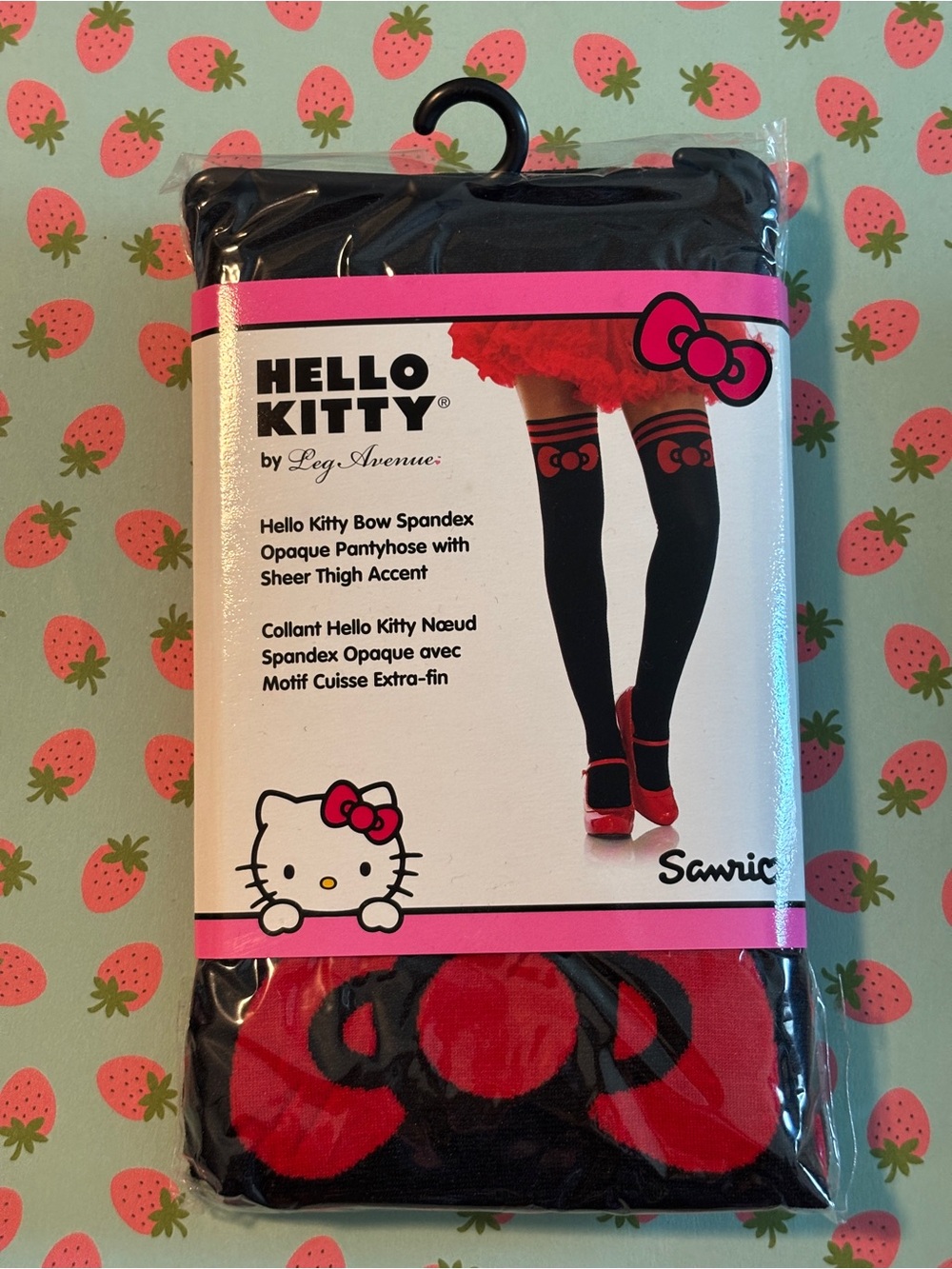Hello Kitty x Leg Avenue Red & Black Bow Opaque Pantyhose Sheer Thigh Accent